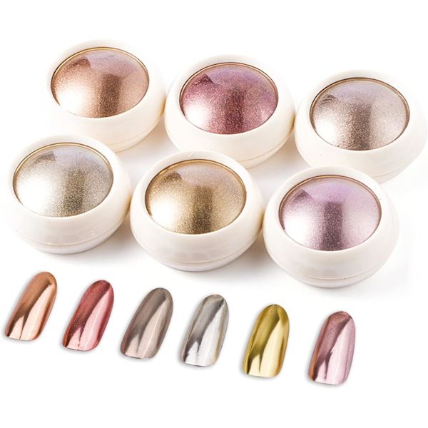 6 Burkar Roséguld Nagelpulver, Glansigt Metalliskt Spegeleffekt,