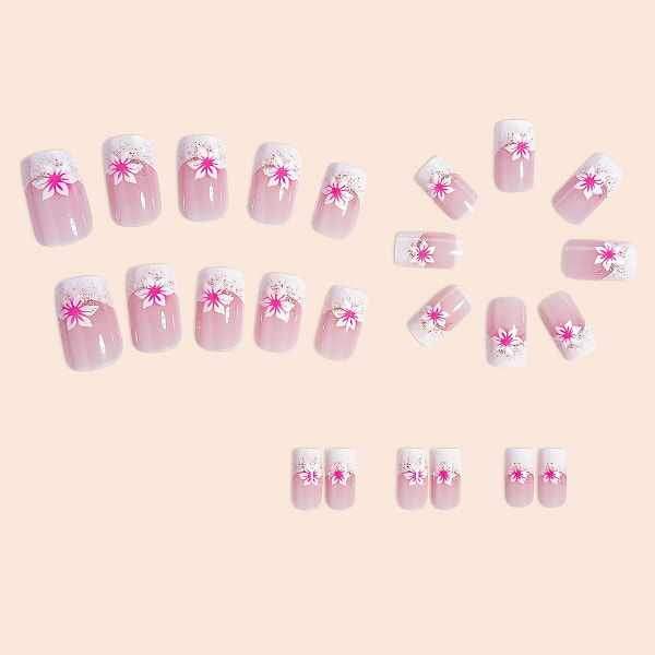 24 st French Tip Press-on Naglar Korta Kvadratiska Falska Naglar Rosa Blomma Full Cover Spets Limma på Naglar Design Nagelkonst Su