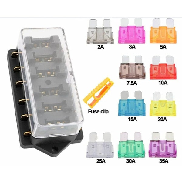 6-vejs bilsikringboks, 12V/24V/32V/48V universel standard bladfuse