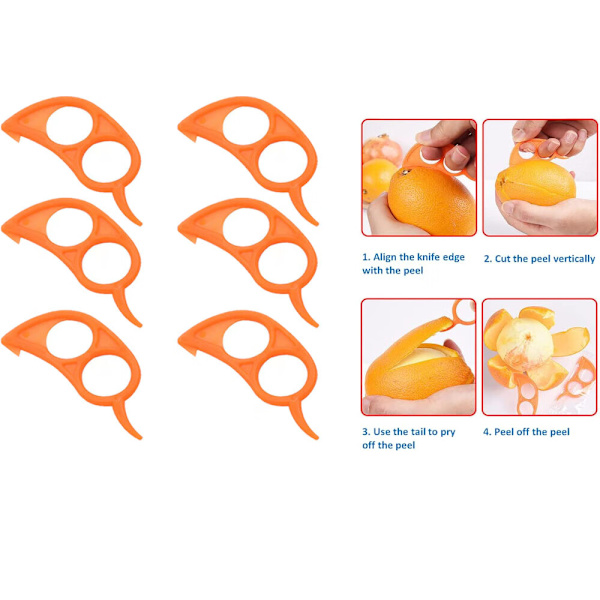 6 stk Appelsin- og Sitrusskrellere - Plast Frukt Skrellere - Enkelt