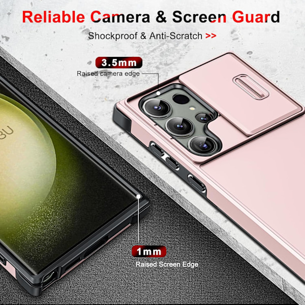 Fodral för Samsung Galaxy S23 Ultra 5G 6.8\" (INTE för Samsung S23/S23 Plus), Glidande Kameraskyddande Hård PC Silikon Stötskyddande Bumper Case för Samsung S23 Ultra, Rosa