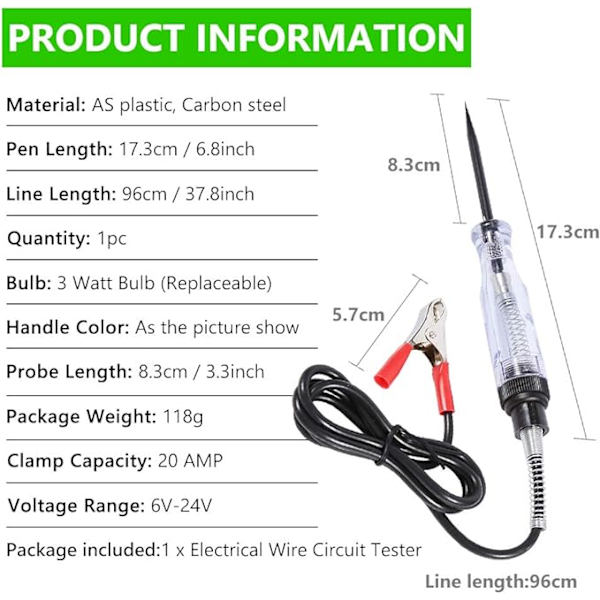 Elektrisk testpenn, 6V/24V spenningskrets tester sonde enhet