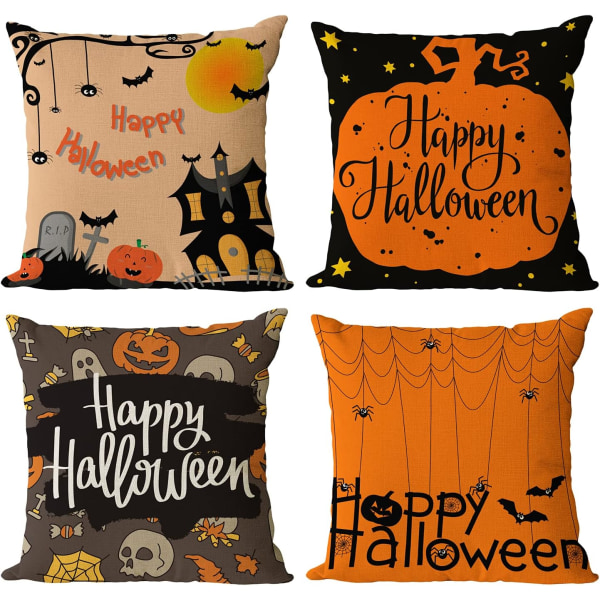 4 kpl Halloween-tyynyliinoja Halloween-koristeluun, iloinen