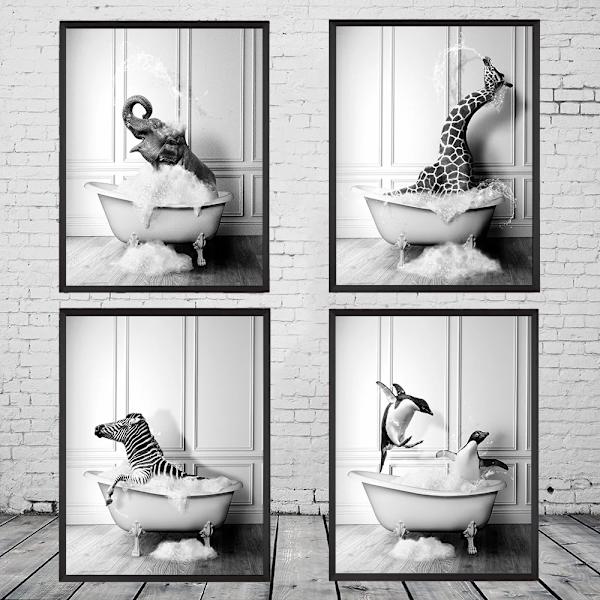 Svart-hvitt dyreplakatmaleri Elefant Zebra Pingvin
