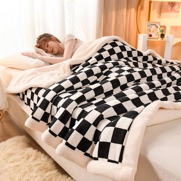Rutete Fleece-teppe Fluffy Flanell Svart og Hvit Varm og