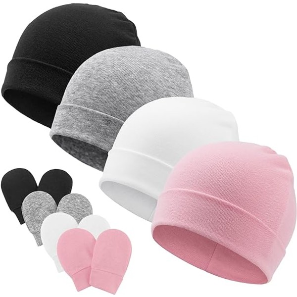 4-pack Bebishatt och Bebisvantar 0 - 6 Månader (Svart, Vit, Grå, Rosa)