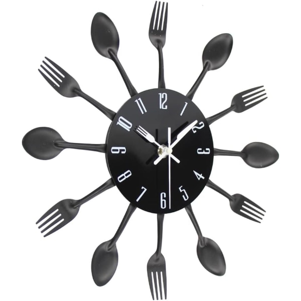 Black 32 CM Mirror Effect Kitchen Clock with Spoon, Fork, 3D Remo