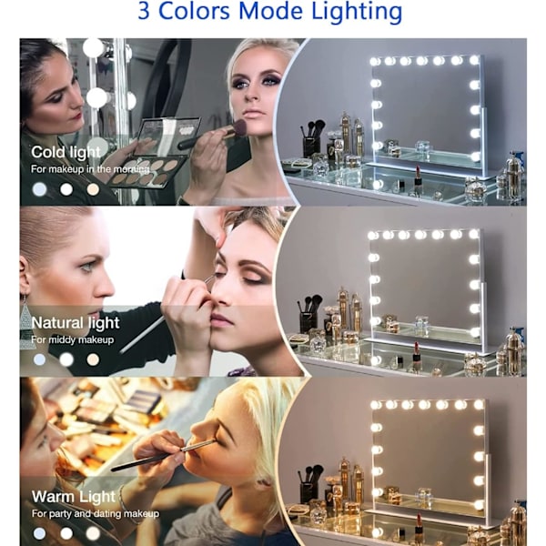 Sminkspegellampor med 12 LED-lampor, 3 justerbara färglägen, Hollywood-sminkspegelbelysningsset