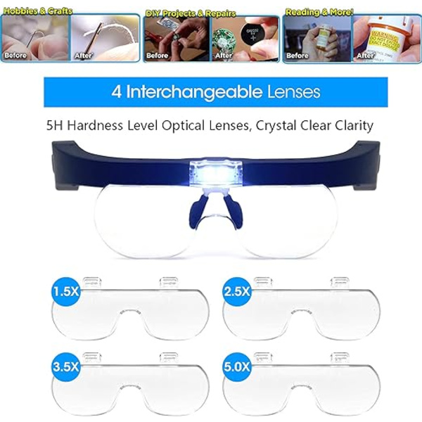 Hodeforstørrelsesglass med 2 LED-lys, USB-oppladbart LED-forstørrelsesglass