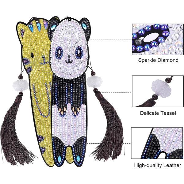 2 Pack Diamond Embroidery Bookmarks Kit ja nahkatupsu (Panda
