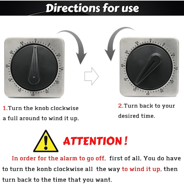 Kjøkken Nedtellingstimer Magnetisk 60 Minutters Opptrekkbar Mekanisk Timer Rustfritt Stål for Hjemme Baking Matlaging Ovn (Grå)