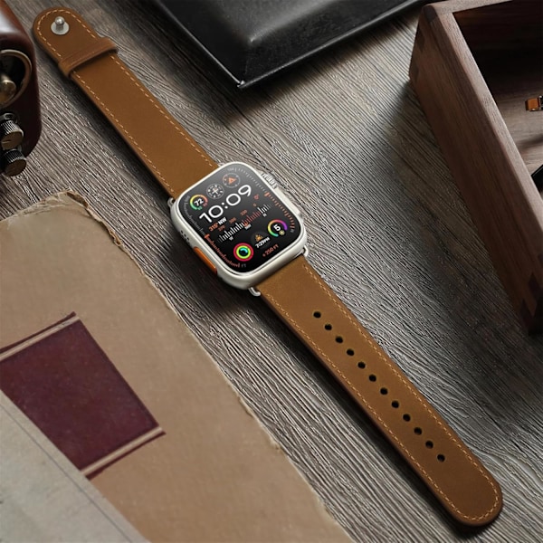 Kompatibel med Apple Watch Rem 45 mm, 44 mm, 42 mm, 41 mm, 40 mm, 38 mm, ægte læderrem