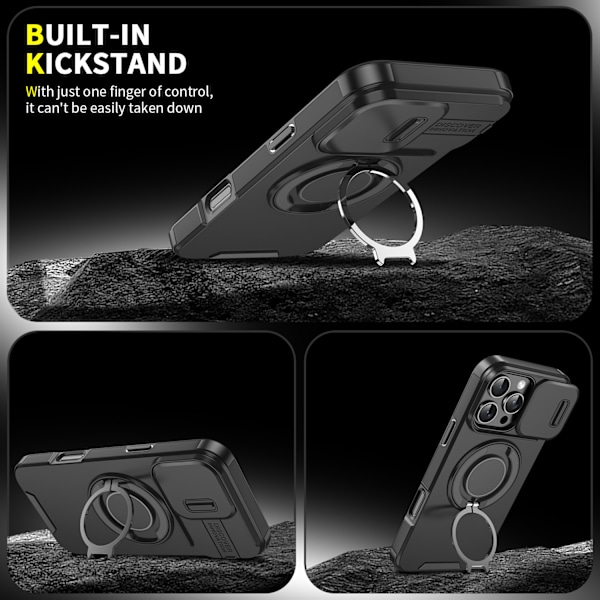 Magnetisk Ring Stativ Etui for iPhone 16 Pro Max med Skyveobjektivdeksel, Svart