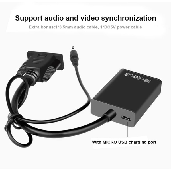 VGA til HDMI adapter med 3,5 mm lydkabel og strømledning, VGA