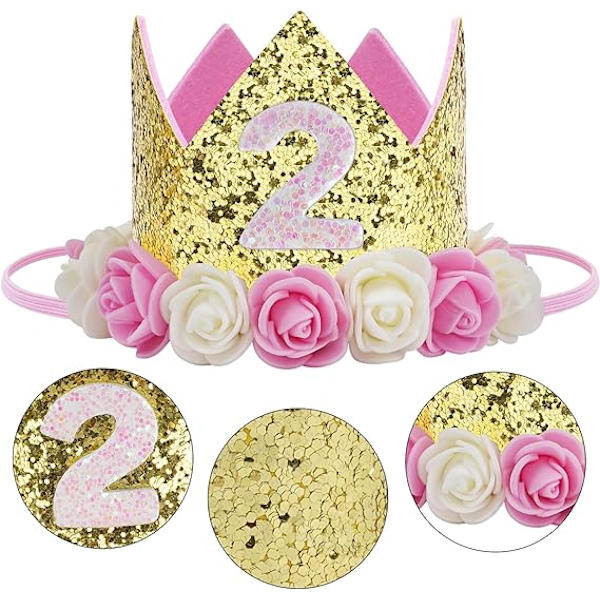 Vauvan syntymäpäiväkruunu, prinsessakruunut Tiara tyttöjen juhlahattu kultaisella glitterillä ja vaaleanpunaisilla ruusuilla syntymäpäiväjuhlien koristeluun