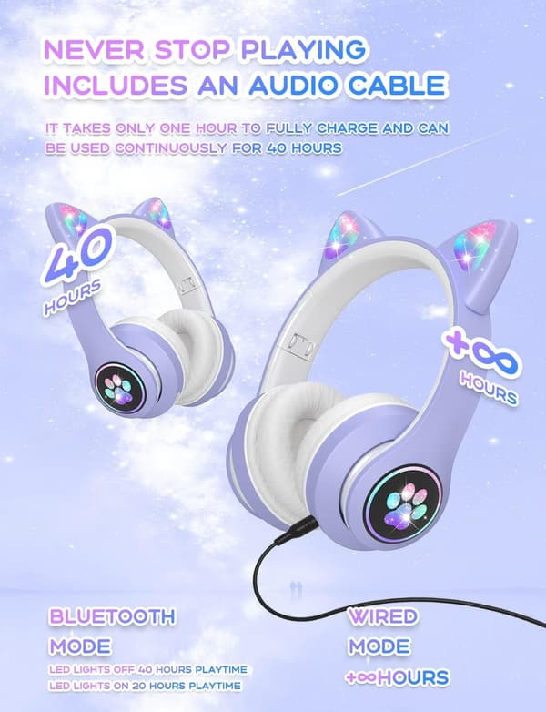 Bluetooth-hodetelefoner for barn med HD-mikrofon/LED-lys (lilla)