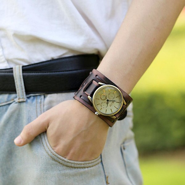Herr Retro Armband Klocka Band Bred Läder Remanchett Vintage Quartz Armbandsur Brun