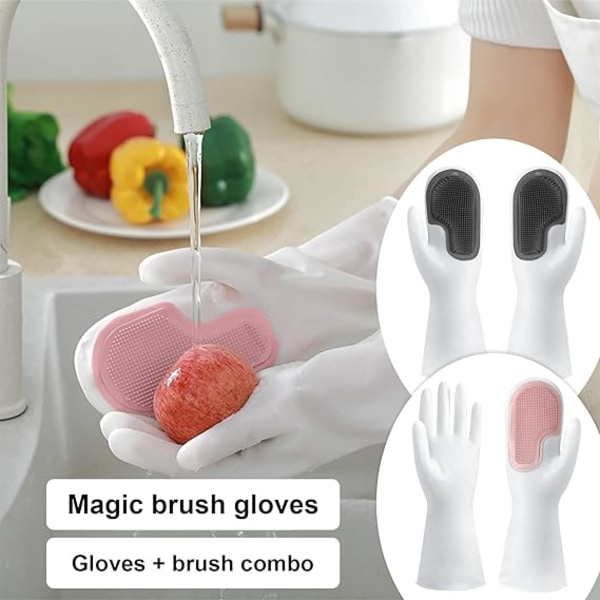 Rosa rengøring handsker med børste til langvarig brug, magiske handsker til
