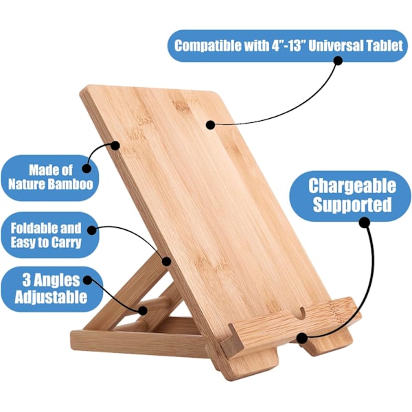 Justerbar sammenleggbar bambus nettbrettstativholder i tre med ladehull for skrivebord iPad matlagingsstativ