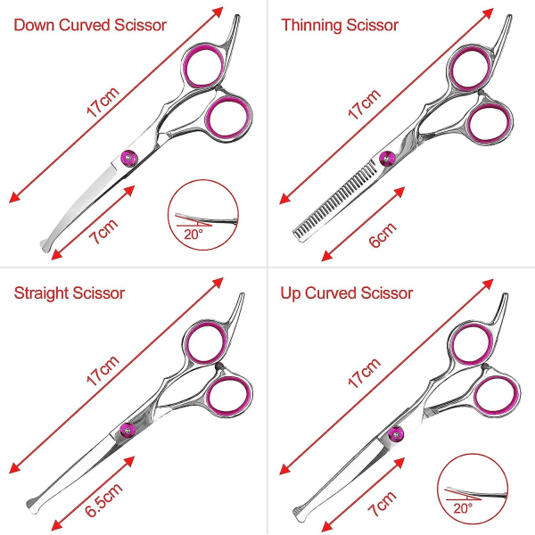 Hundesaks til pleje, rustfrit stålsæt til hundepleje med runde sikkerhedsspidser, inklusive udtyndingssaks, plejekam, buet saks, lige
