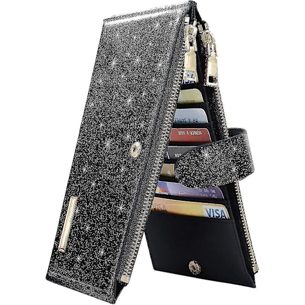 Womens Rfid Bloc Glitter Izer Bifold Et Med Dobbelt Lynlåslomme, Glitter