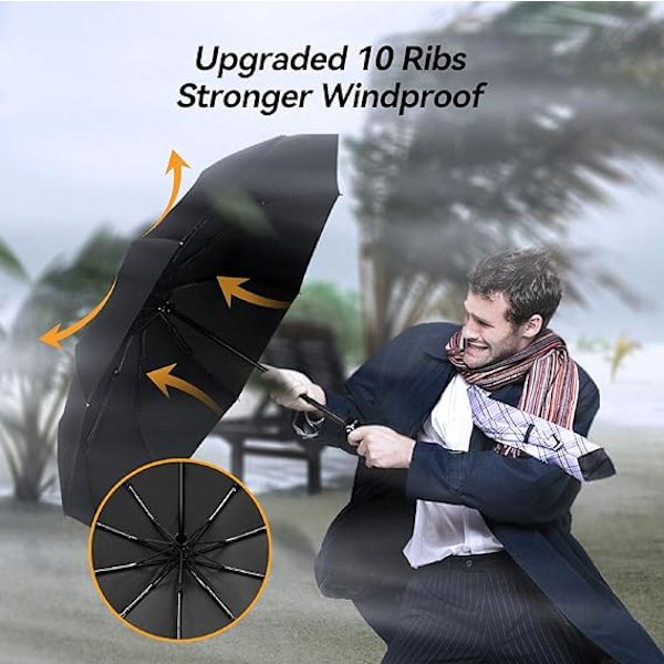 (Blå) Automatisk Foldbar Paraply, 10-Ribbet Paraply, Kompakt
