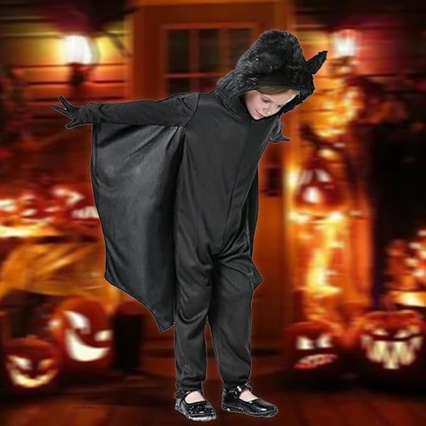 Barnedrakt for Halloween - Flaggermuskostyme for gutter og jenter, hettegenser med vinger for Halloween-triks eller godteri, passer