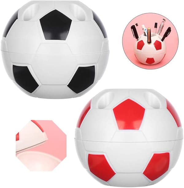 Röd och vit fotbollformad pennlåda, diameter 10,5 cm