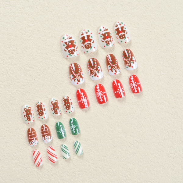 Julpress-on-naglar med design, Falska naglar Pepparkaksgubbe Snöflinga Julgran på naglar Glansiga akrylna