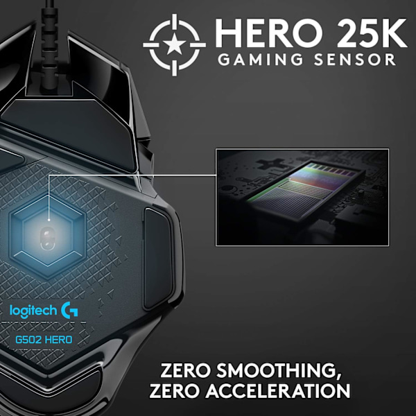 G502 HERO Suorituskykyinen Langallinen Pelikäyttöhiiri, HERO 25K Sensori, 25 600 DPI, RGB, Säädettävät Painot, 11 Ohjelmoitavaa