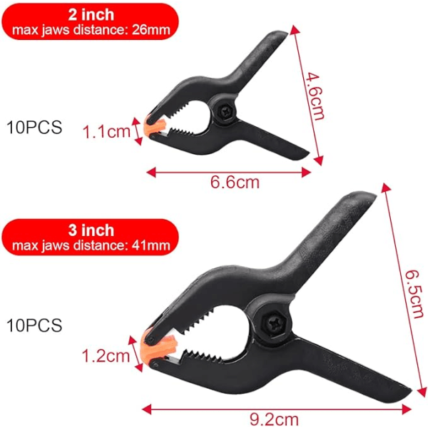 20 Set Nylonfjäderklämmor, 10 Set 2\" Klämmor, 10 Set 3\" Klämmor.
