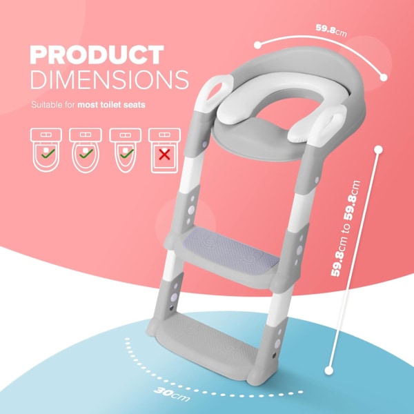 Justerbar pottestol med stige for toalettrening med trinn, håndtak og myk puteutforming, sklisikker og plassbesparende for småbarn, enkel montering, sprutbeskyttelse inkludert, grå