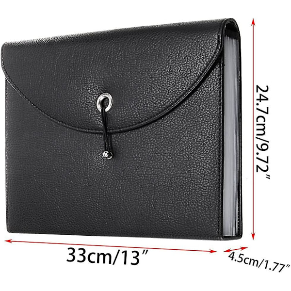 PU-läderdokumentmapp/mapp 13 fack för mapp, konferens, A4-papper, dokument, tentamensblad, för kontor, klassrum etc. (svart)