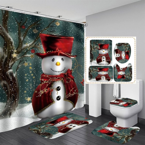 Christmas Shower Curtain Sets 4 Pieces with Non-Slip Mats Toilet