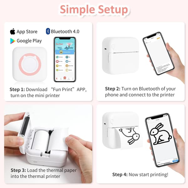 Mini Termisk Skriver, Bluetooth Bærbar Blekkfri Pulver Skriver w