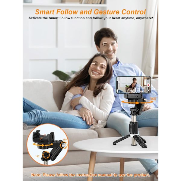 Gimbal Stabilisator til Smartphone, 2-akset Auto Ansigts-Tracking Selfie Stick til iPhone, 360° Rotation med Fjernbetjening til Android