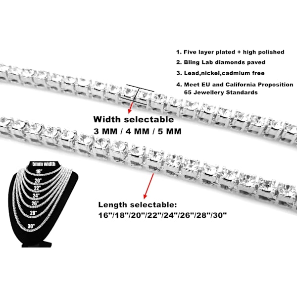 Sølv Gull Iced Out Diamant Tennis kjede for menn, Rhinestone Diamant Tennis Halskjeder for kvinner, Tennis og Cuban Link Kjeder 18-30 Tommer