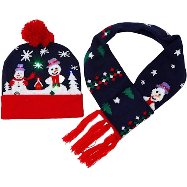 Jule-LED-lys beanie-lue med skjerf Strikket lue Jule-beanies for voksne barn Vinter varm julelue skjerf (C