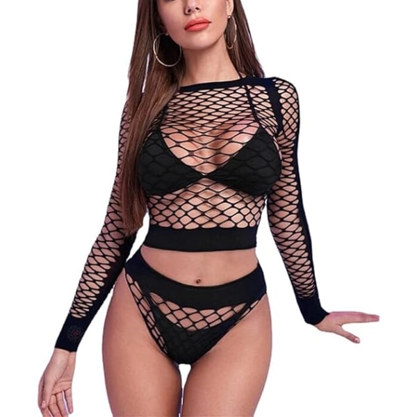 1 stk (svart) damenetting undertøysett, sexy babydoll mesh