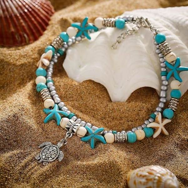 Blå skildpadde ankelkæder til kvinder, flerlags perler, håndlavede strandankler