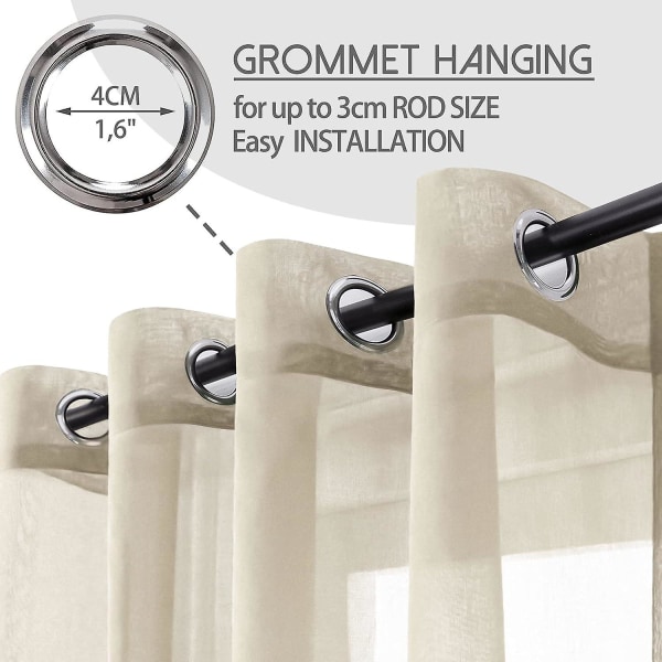 2 stk. Beige Voile Gardiner 140x250 cm Semi-Sheer Øje i Linned Effekt Hjemme Dekorationer til Stue Vindue Moderne Soveværelse Køkken Balkon