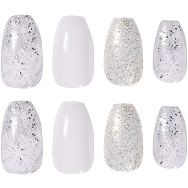 Lyhyet Glitter Ice Snow White Powder -tekonaulet (24 kpl), Kiiltävät