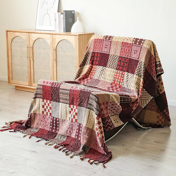 Chenillevävd filt, dubbelsidig lapptäcksbäddspridning med fransar, bohemisk bäddspridning, 220x260cm, röd, elegant och mjuk för TV, soffa, fåtölj, vara