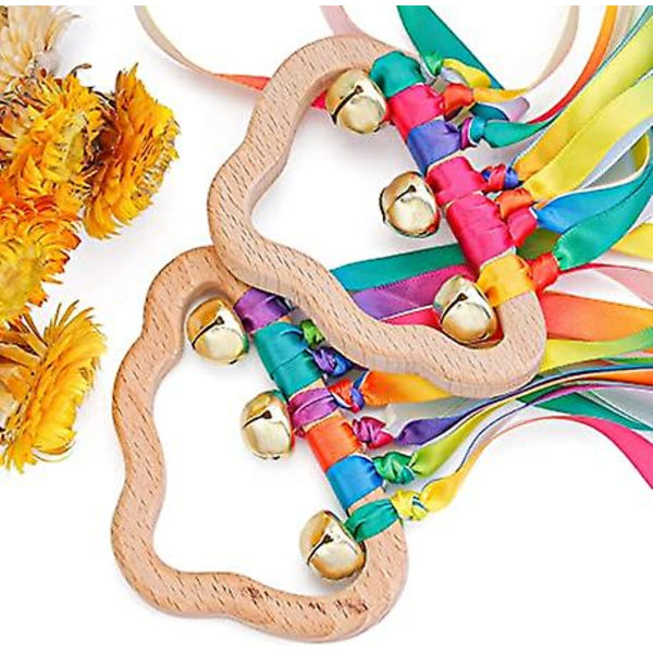 2 KPL Sensory Anneau En Bois Bb Jouets - Bbs Arc-En-Ruban Hochet Jouet ducatif Toddler Jouer Jouet Avec Des Cloches