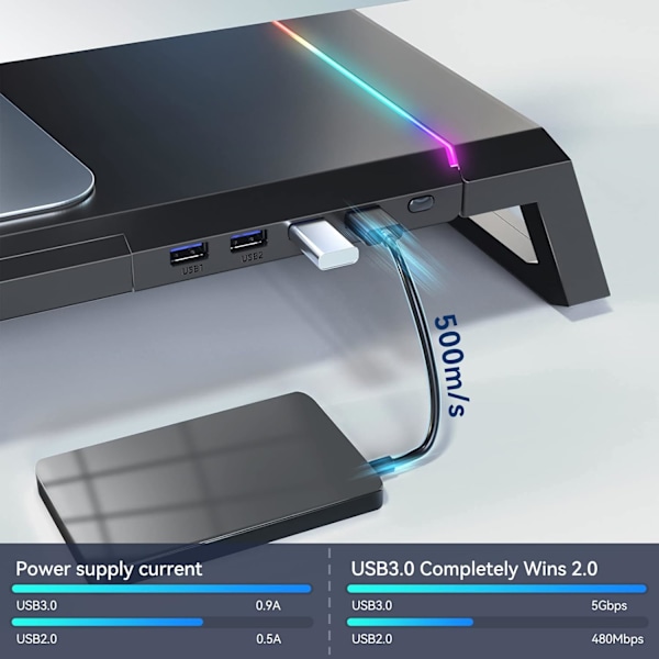 RGB-pelikoneen näyttöjalusta - 4 USB 3.0 -hubia, 3 pituussäädettävää näyttöjalustaa laatikolla, säilytyksellä ja
