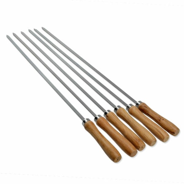 (42cm 6 stk.) Grillspyd i rustfrit stål med træhåndtag til grill