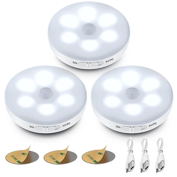 Automatisk LED-nattlys, bevegelsessensorlampe innendørs, trådløse LED-lamper, 3 moduser (auto/på/av), LED-skaplampe, oppladbar USB-lampe