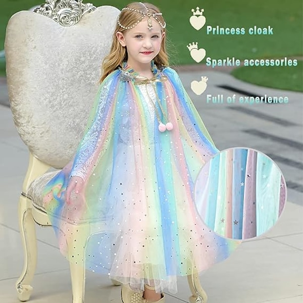 skyllc Prinsessekappe for barn, paljett-tyllkappe for jenter paljett