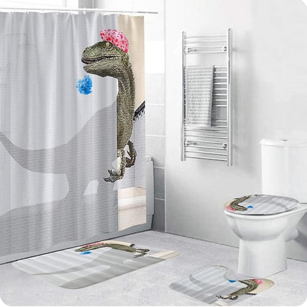 150x180cm 3D Dusjforheng med Dinosaur, 12 Kroker, Hvit