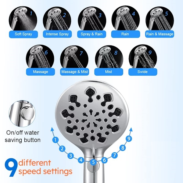 9-funktions duschset med handdusch i krom med filter